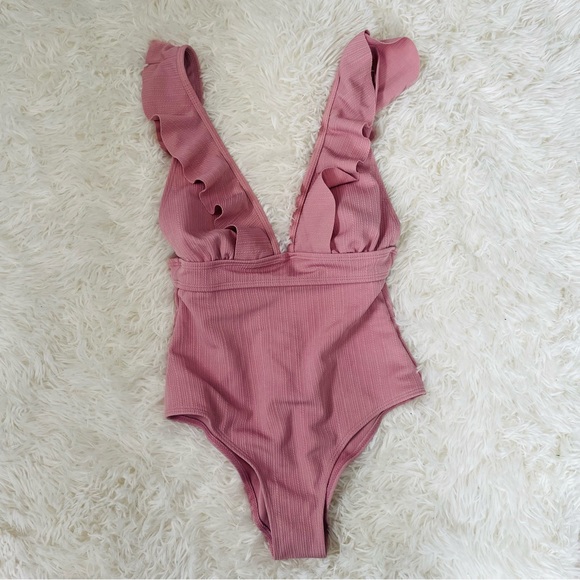 Other - Deep V lace up back One piece ruffle ribbed swimsuit womens size small